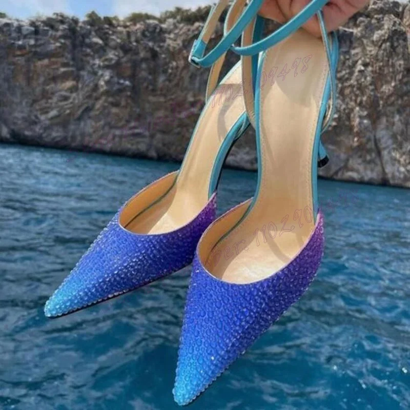 

Blue Crytsal Decor Ankle Strap Pumps Pointy Toe Shoes for Women Stiletto High Heels Evening Party Shoes 2024 Zapatos Para Mujere