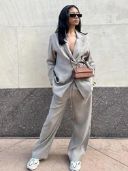 2024 Casual Women Solid loose Blazer Set elegant Lady Lapel Lace Up Long Sleeve Wide Leg Pants Suit Office Lady Commuting Outfit