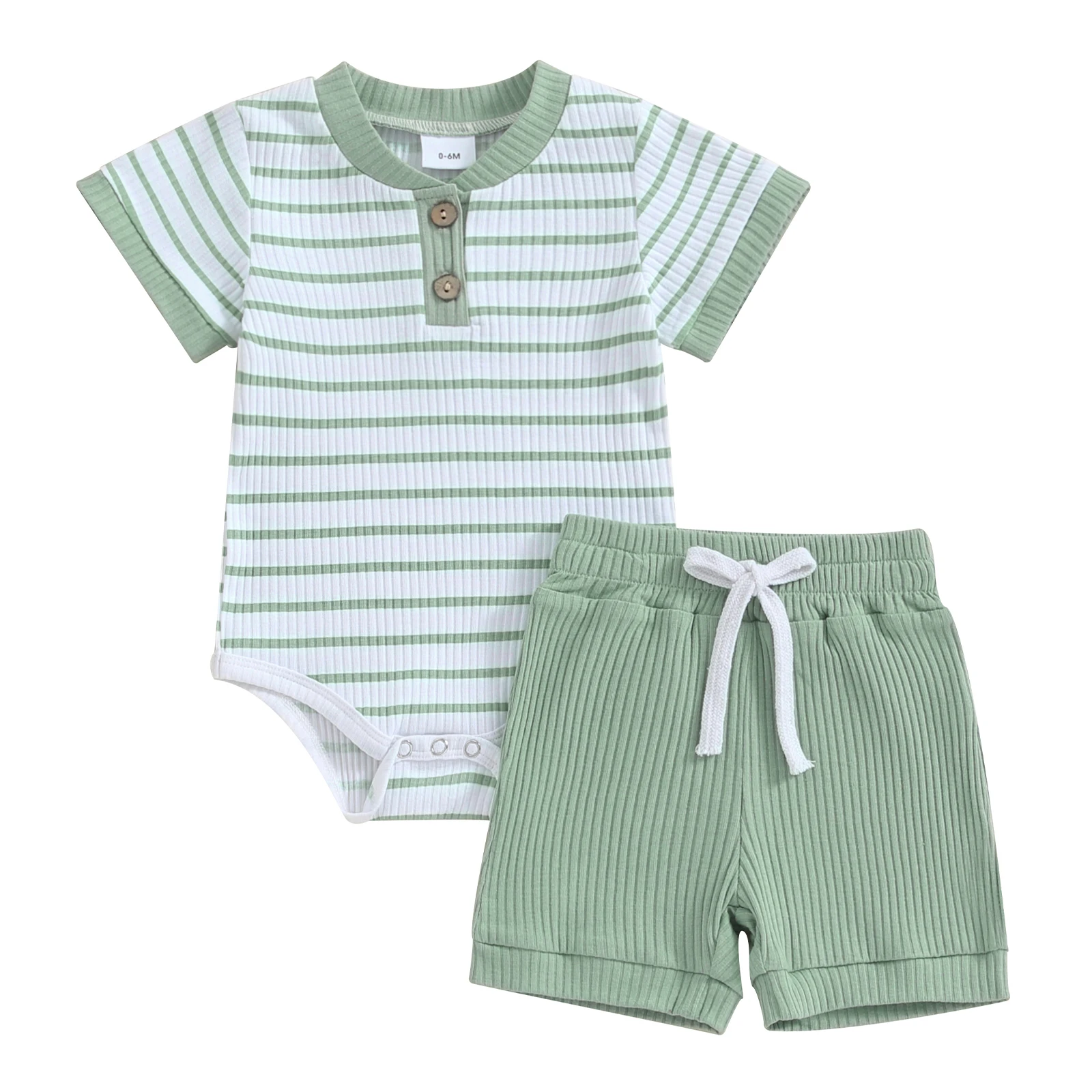 

Newborn Baby Boy Girl Summer Clothes Striped Short Sleeve Ribbed Romper Tops Elastic Shorts Set Infant Outfits