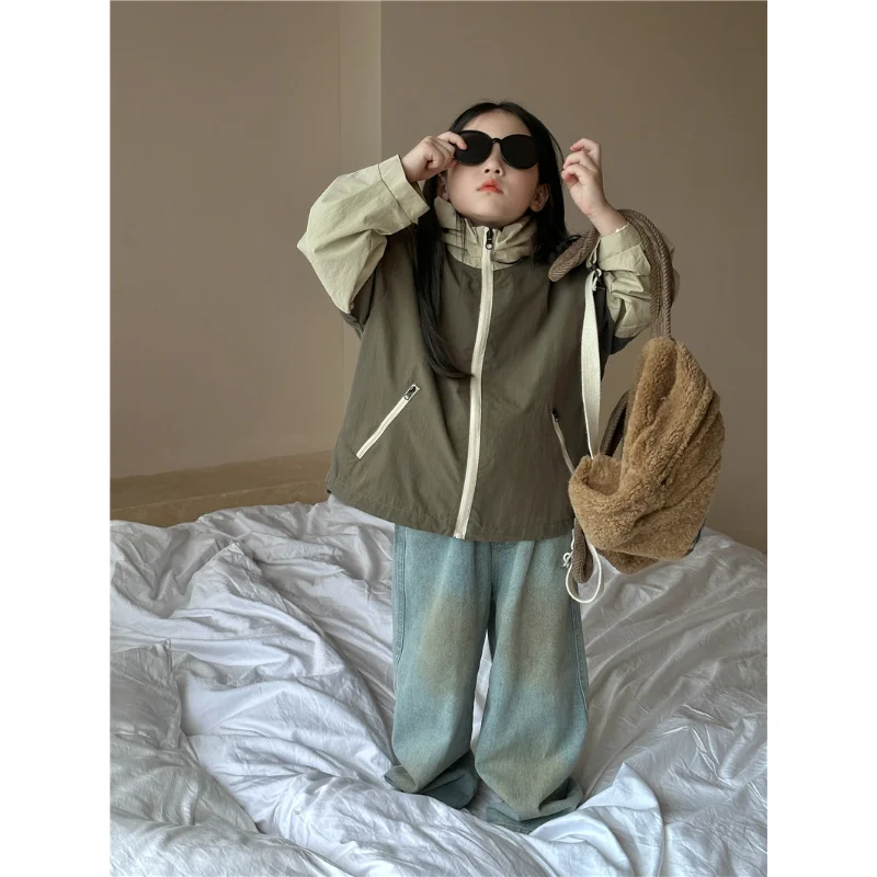 

Children Coat 2023 Spring Autumn New Korean Style Zipper Coat Patchwork Color Hooded Windbreaker Baby Fashion Casual Coat