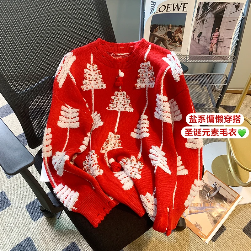 

2024 New Autumn Winter Christmas Knitted Spliced Vintage Sweaters Korean Loose Round Neck Fashion Long Sleeve Pullover Jumpers