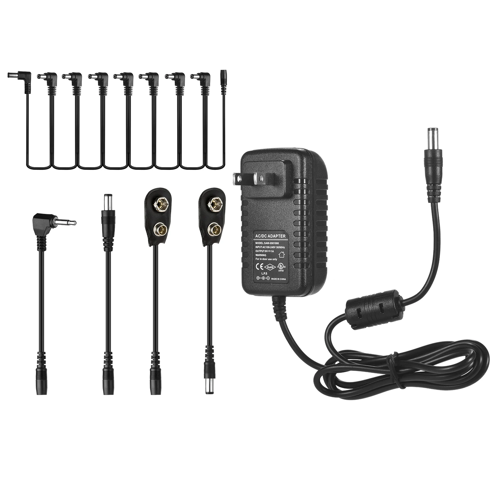 Caline CP-07B Guitar Effects Power Supply Adapter DC 9V 1A with 8-Way Daisy Chain Cable Reversed Polarity Cables