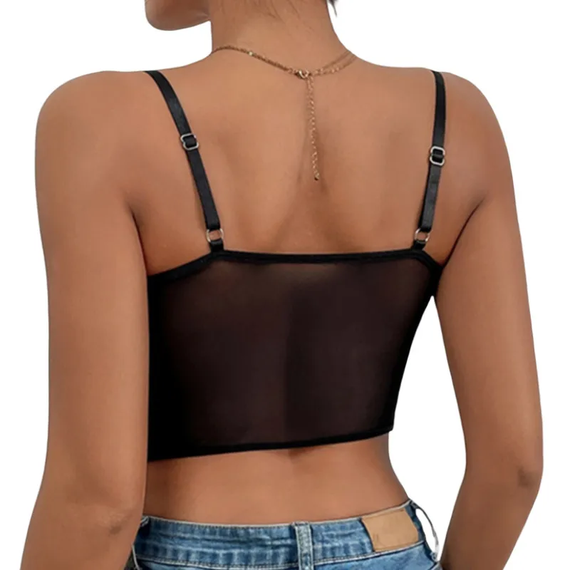 Women Sleeveless Camisole with Adjustable Bandage Lace Backless Sexy Mesh Perspective Summer Clothing Club Wear lace camisole