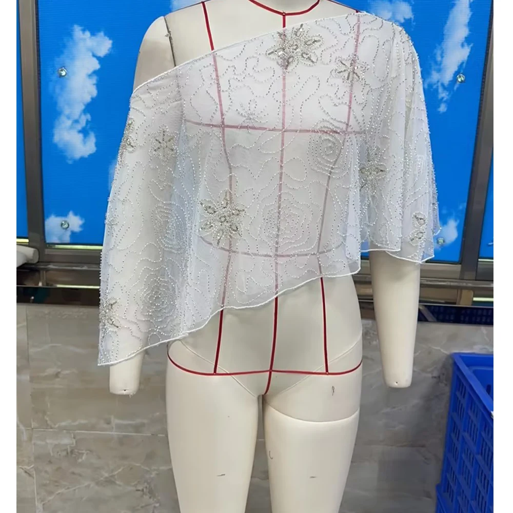 Women's Sequins Floral Sheer Mesh Asymmetrical Tops Summer Fashionable Sleeveless Sexy One Shoulder Shirts Cover-Ups 5