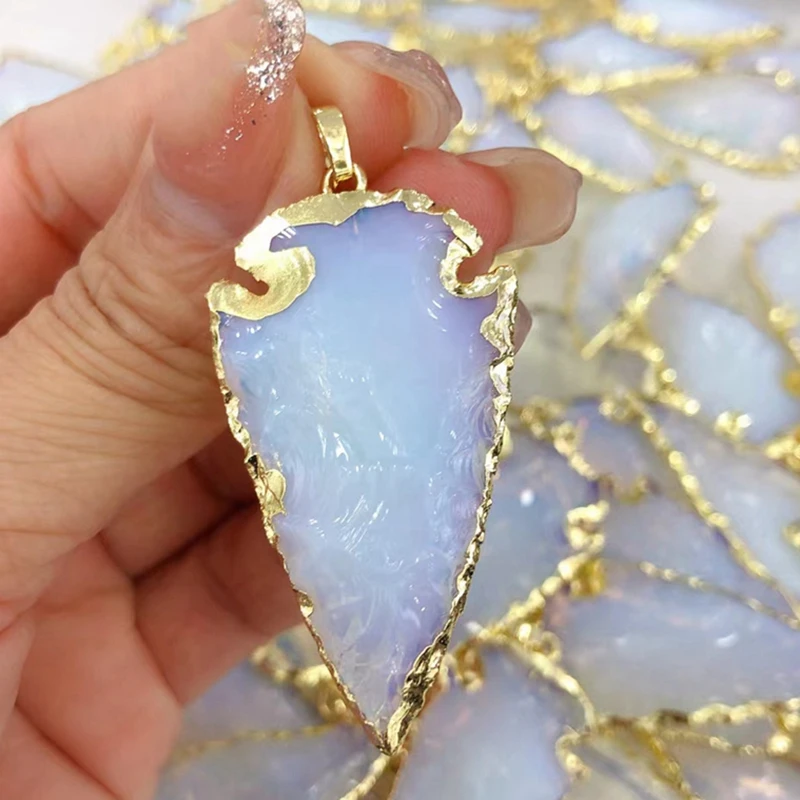 Vintage Gold Plated Natural Opal Black Obsidian Arrowhead Pendant Crystal Hand Knocked Craft Charm Woman Jewelry Making Necklace 3
