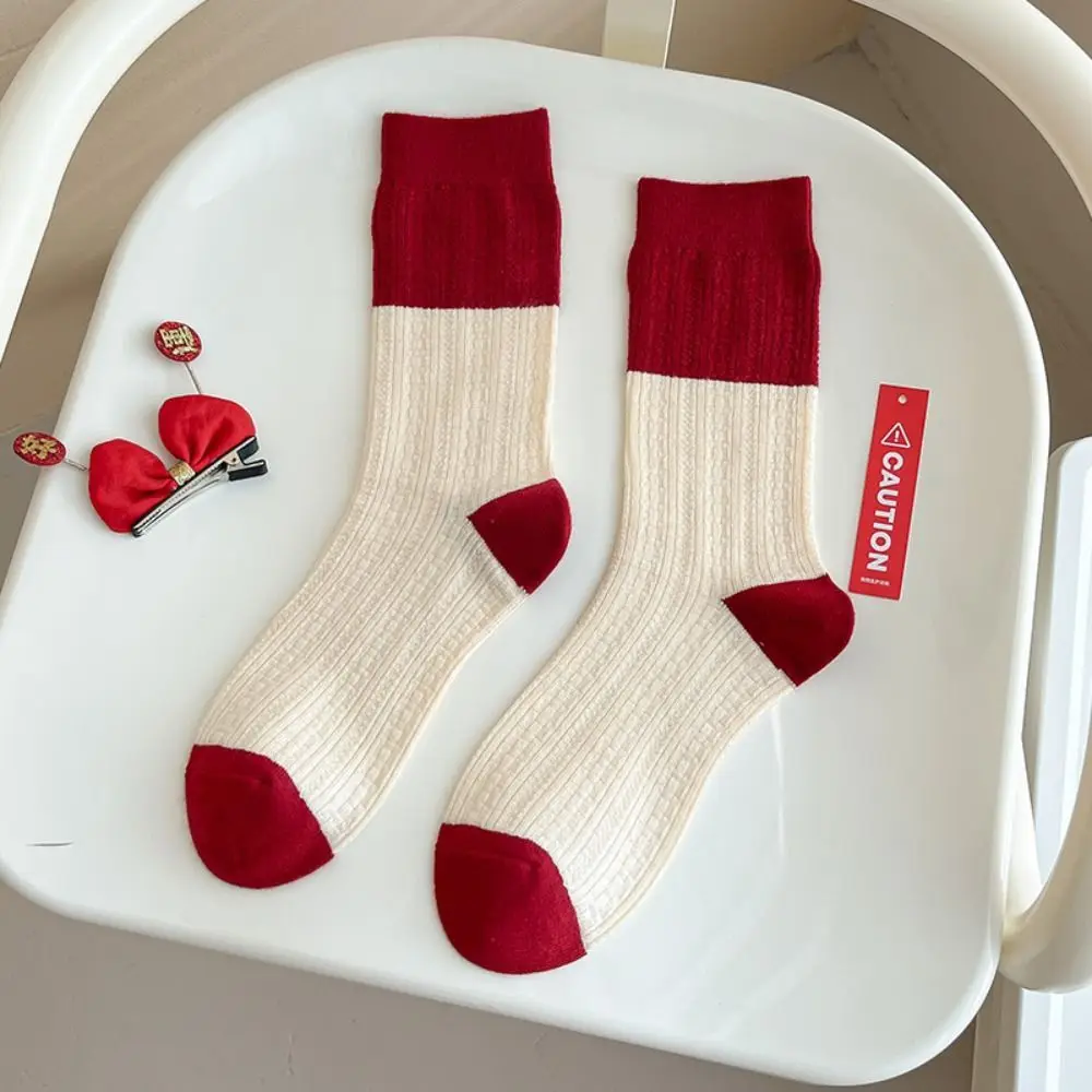 

Cotton New Year Red Socks Warm Thicken Striped Good Luck Socks Female Hosiery Floor Socks Middle Tube Socks For Girl
