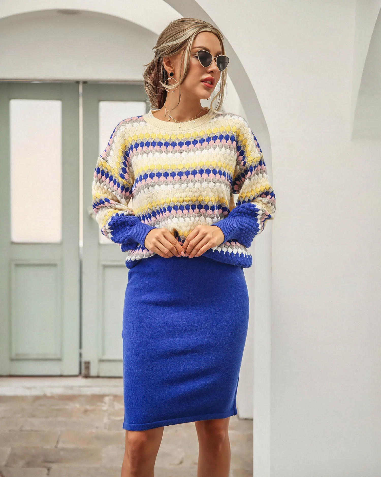 Winter Two Piece Set Womens Lantern Sleeve Striped Knitted Pullovers+Midi Skirts Sweater Suits for Ladies Autumn Knit Outfits short skirt