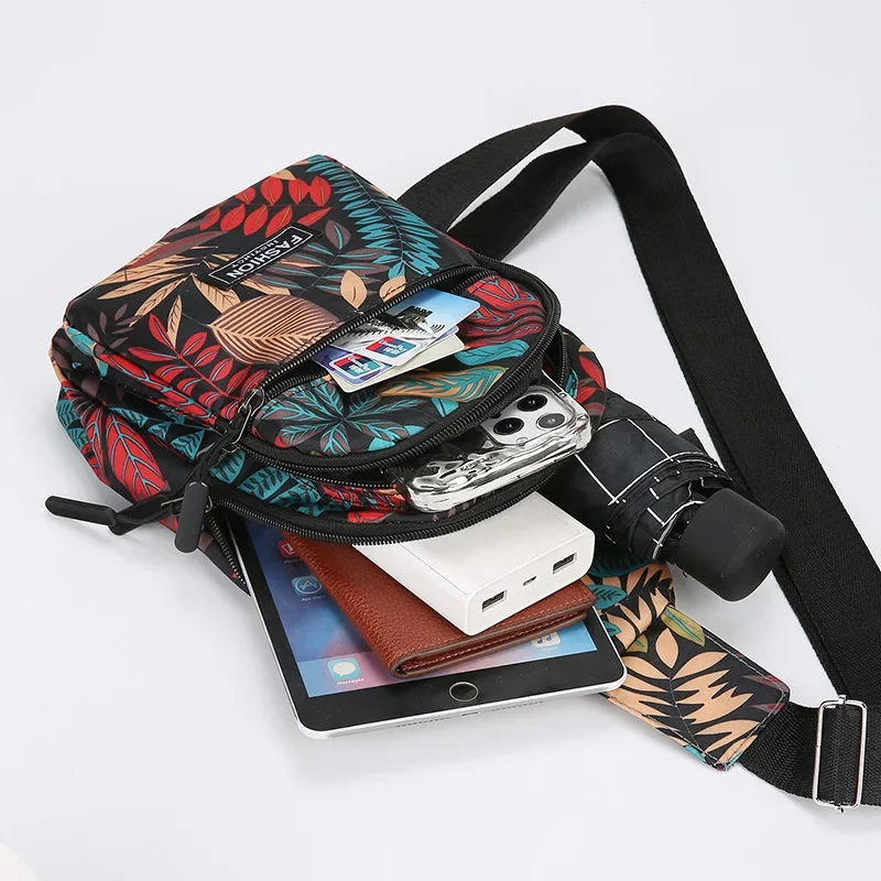 Colorful Leaf Printed Sling Crossbody Bag, Multilayer Women Chest Bag, Stylish Nylon Shoulder Bag with Adjustable Shoulder Strap