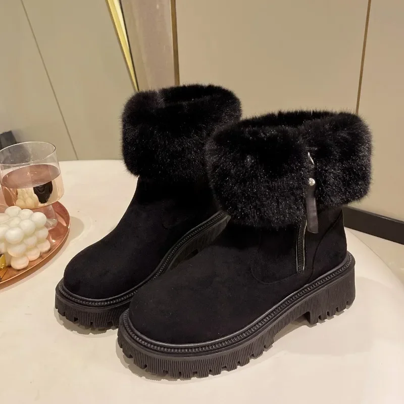 Women's Side Zipper Plush Solid Snow Boots 2023 Winter Designer Round Head Thick Sole Anti-slip Platform Shoes Zapatos De Mujer