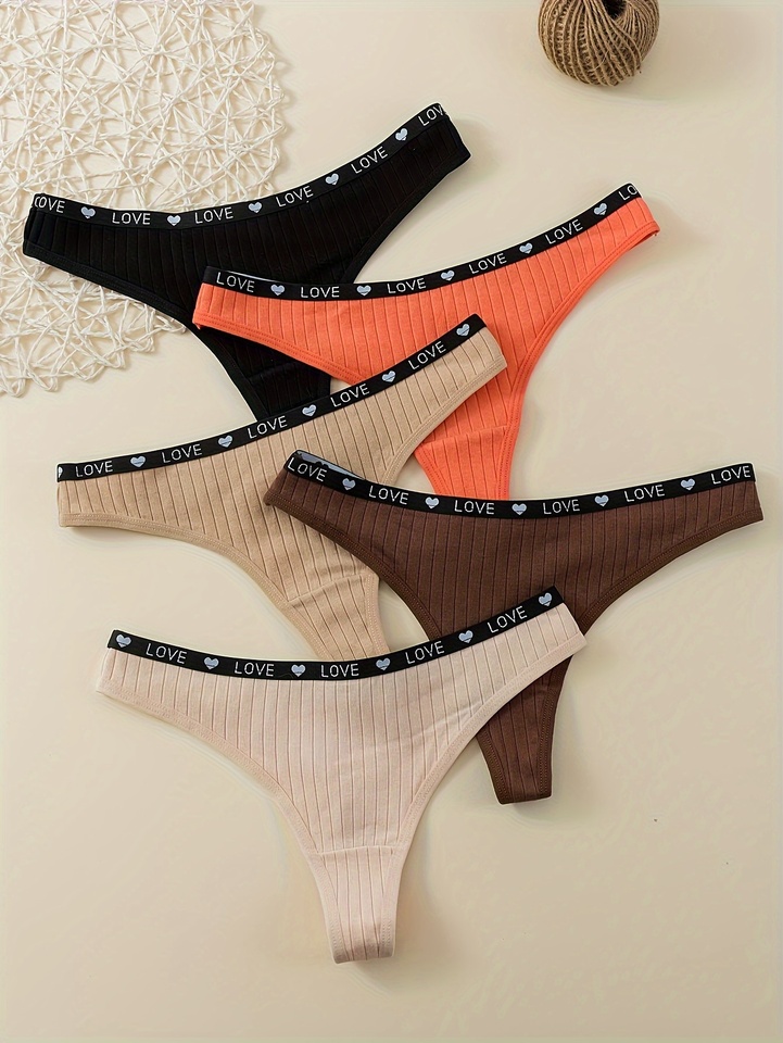 5-piece pure cotton women's underwear, heart-shaped letter women's thong, moisture-absorbing pure cotton