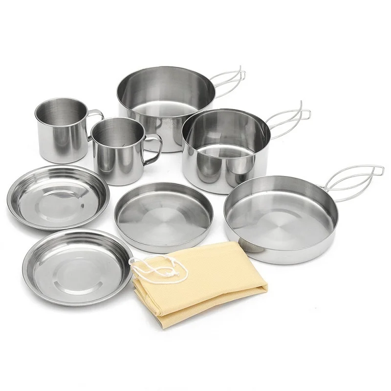 

8 Pcs Outdoor Camping Pots Set Stainless Steel Pans Cover Plate Cup Cookware For Picnic BBQ Cookset Cooking Hiking Backpacking