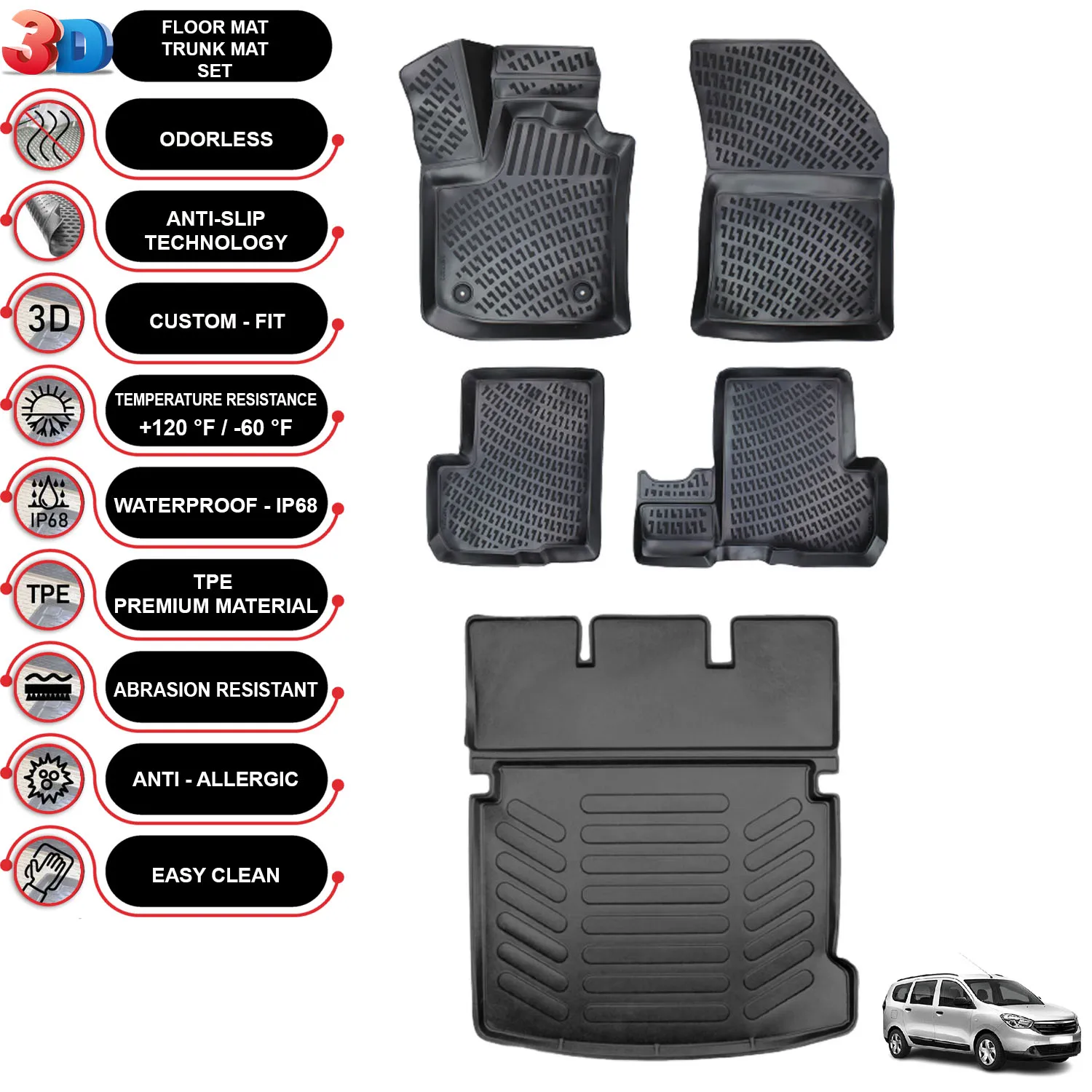 

Renault Lodgy - (2012-2022) - Floor Mats + Cargo Trunk Liner - SET - (Black)