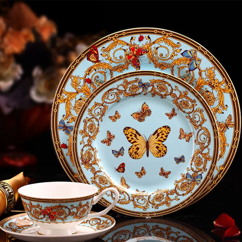 European Style Bone Porcelain Tableware Set With Coffee Cup Dinner Dessert Plate Set Creativity Butterfly Design Food Dishes