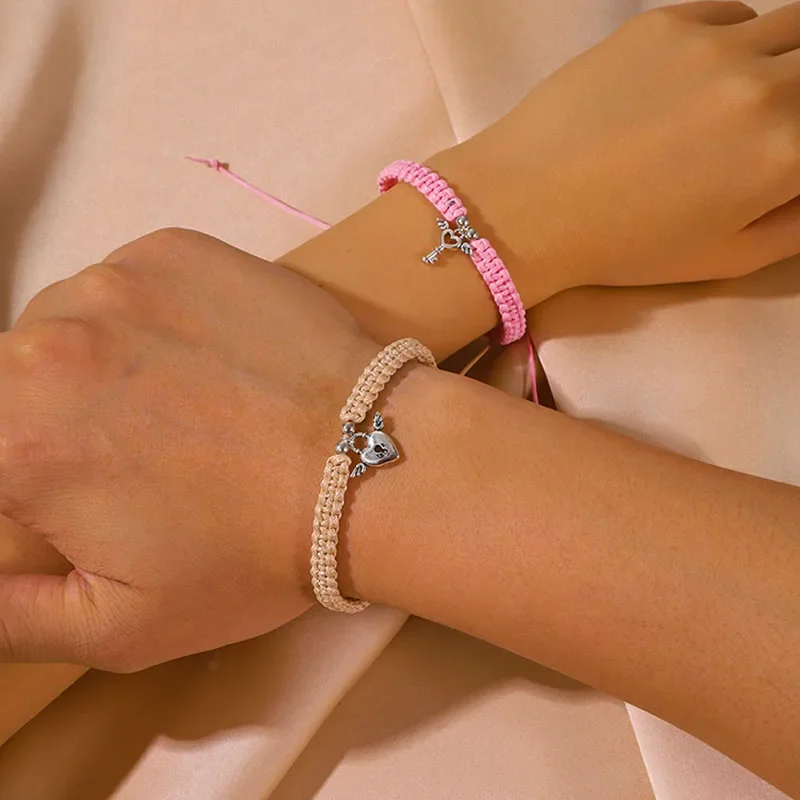 Hi Man-Handmade Pink Khaki Heart Pendant Weave Bracciale Stile Delicato Coppia Gioielli Festival Accessori Regalo Set Di Due Pezzi