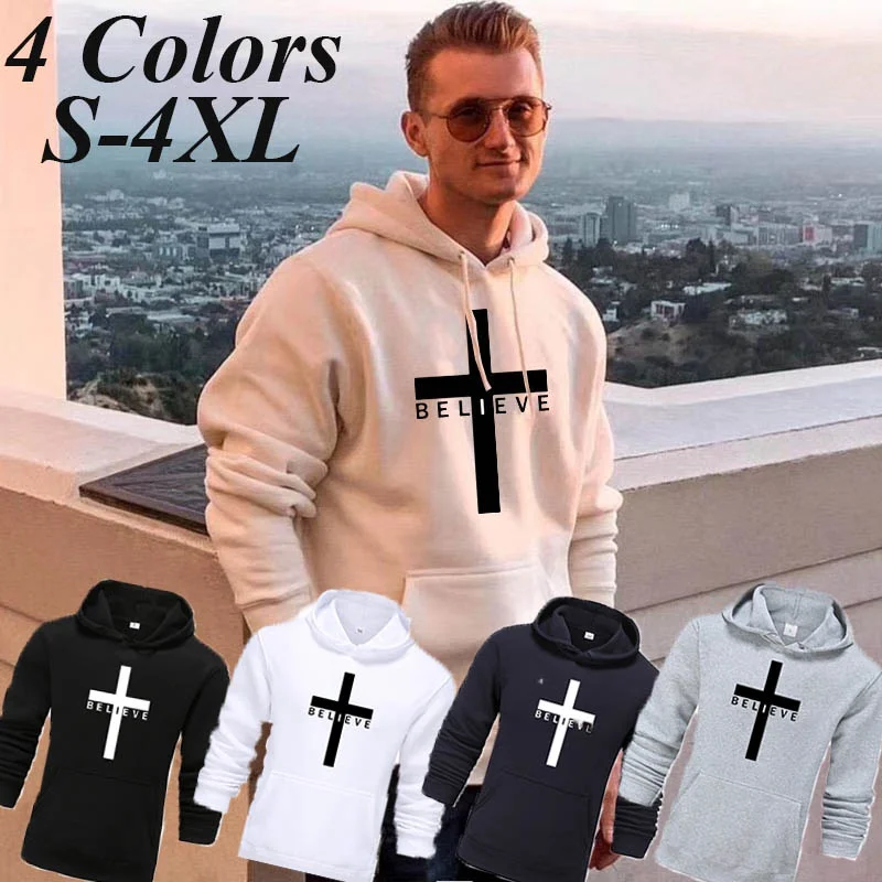

Men's Autumn and Winter Hoodies Cross I Believe Jesus Print Sweatshirt Man Designer Casual Warm Hooded Tops Streetwear Outwear
