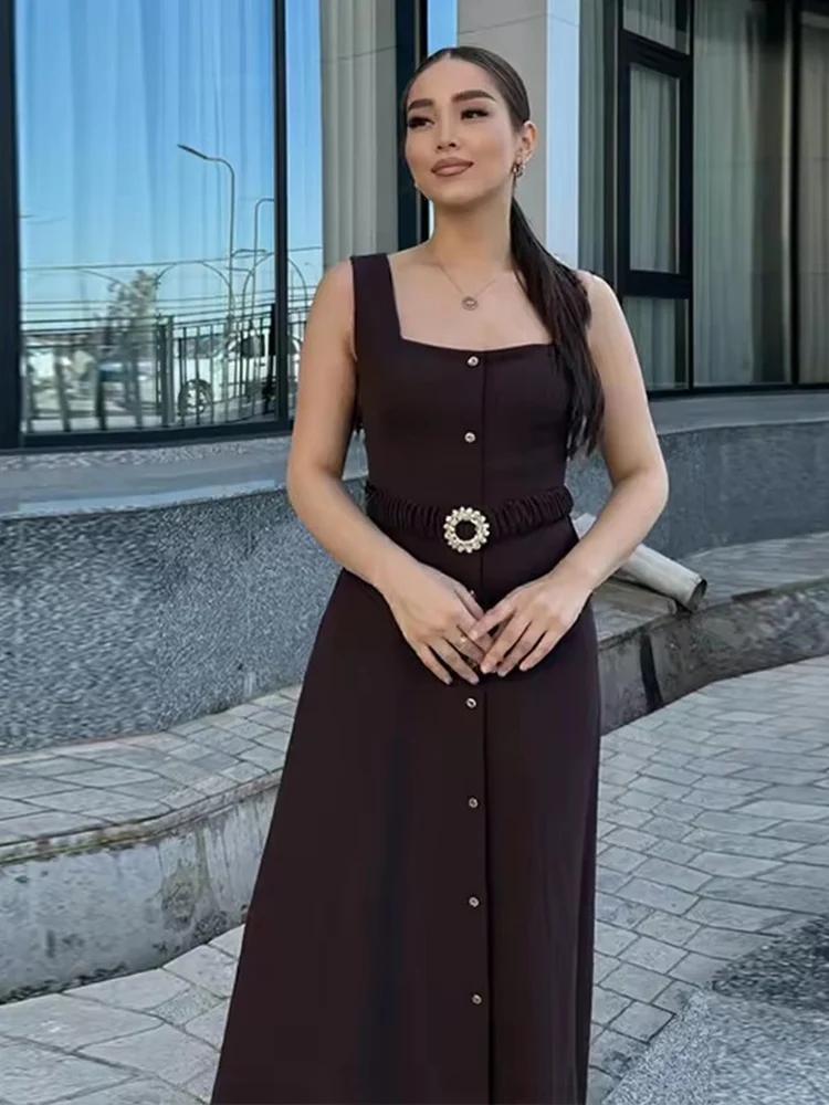 Fashion With Belt Long Dress For Women Sleeveless Single Breasted Slim Dress 2025 Summer Elegant Lady Commute Midi Dresses