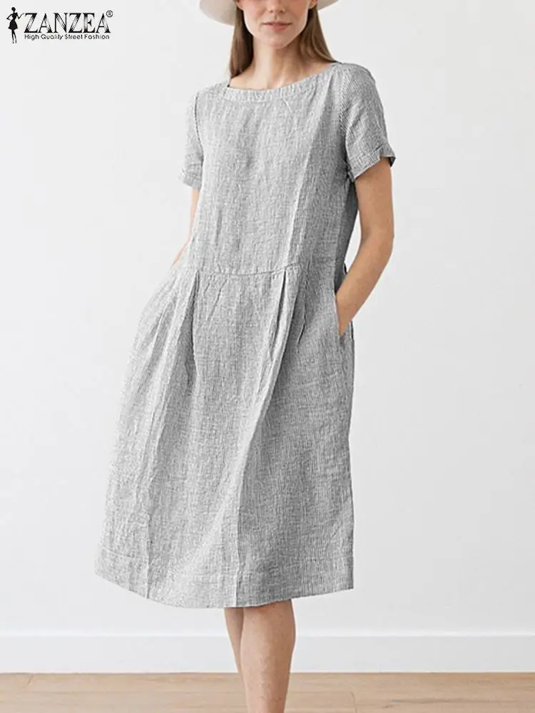 

Summer Fashion Striped Sundress ZANZEA Stylish Women Short Sleeve Knee-length Dress Casual Work Holiday Vestido Oversize Kaftan
