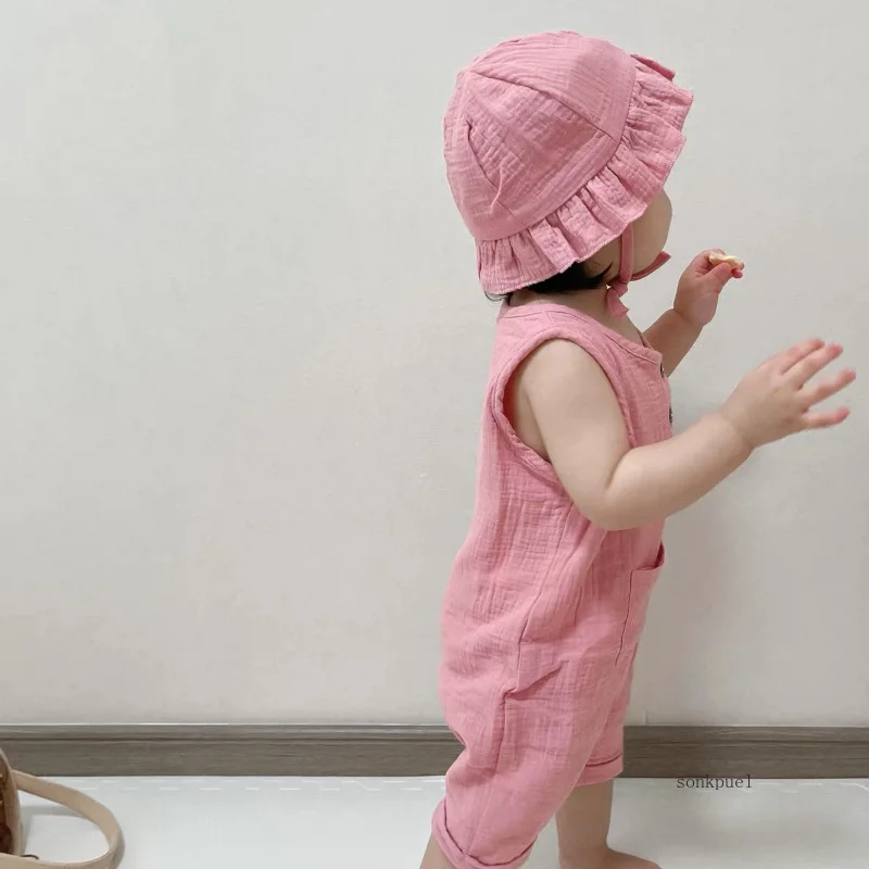 2Pcs/Set Baby Summer Clothing Solid Newborn Infant Romper With Hat Muslin Cotton Sleeveless Baby Boys Girls Jumpsuit Outfits 4