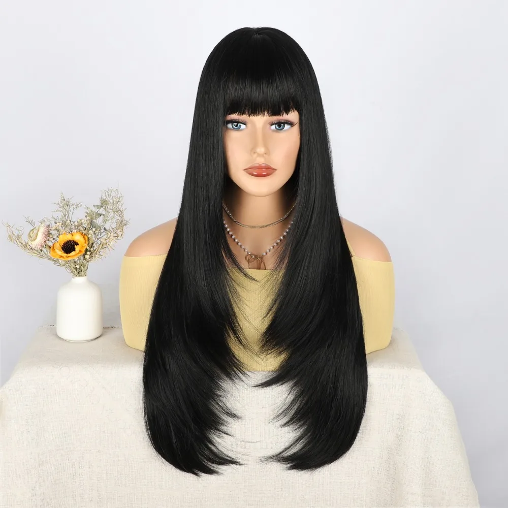 

Длинный прямой парик с челкой, натуральные черные парики для женщин, модные шелковистые мягкие гладкие волосы Remy, термостойкие волоконные синтетические парики