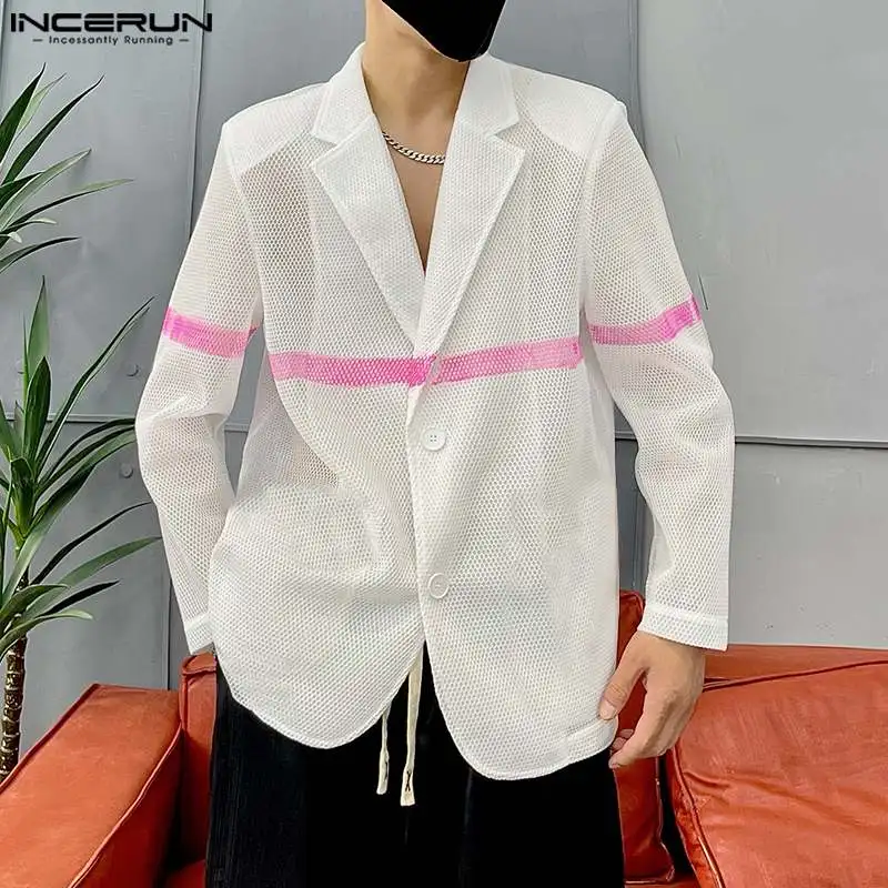 

INCERUN Tops 2024 Korean Style New Mens Mesh Contrast Color Design Suit Coats Casual Fashionable Male Long Sleeved Blazer S-5XL