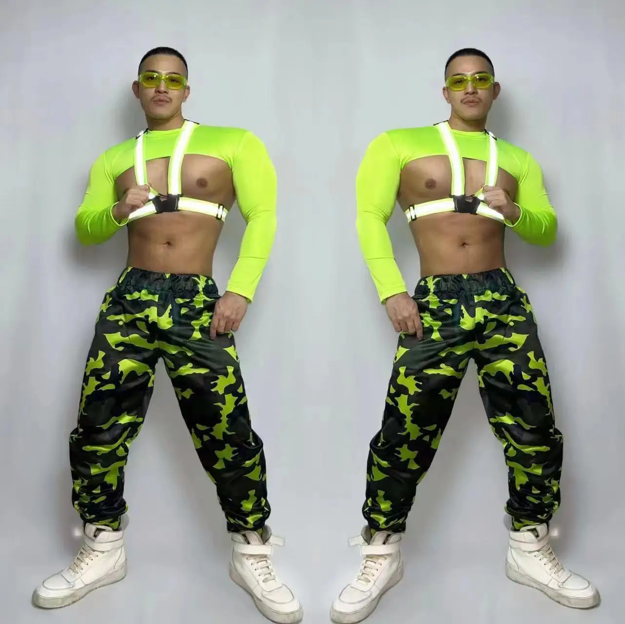 Nuovi Costumi Da Palcoscenico Costumi Da Ballo Hip-Hop Con Fasciatura Muscolare Verde Fluorescente Abito Da Uomo Mimetico