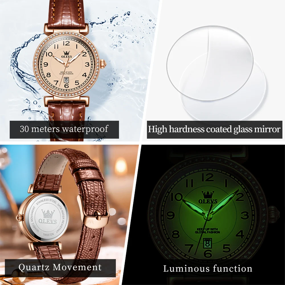OLEVS 2024 New Fashion Womens Watches Top Brand Luxury Leather Strap Waterproof Calendar Diamond  Quartz Watch Relogio Feminino