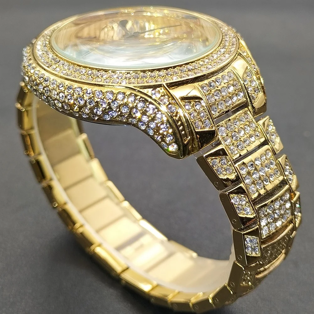 MISSFOX Orologio da uomo Hip Hop Iced Out Orologio da uomo al quarzo impermeabile con scritta Leopard Diamond Stainle Steel Gold Men'_voghion.com