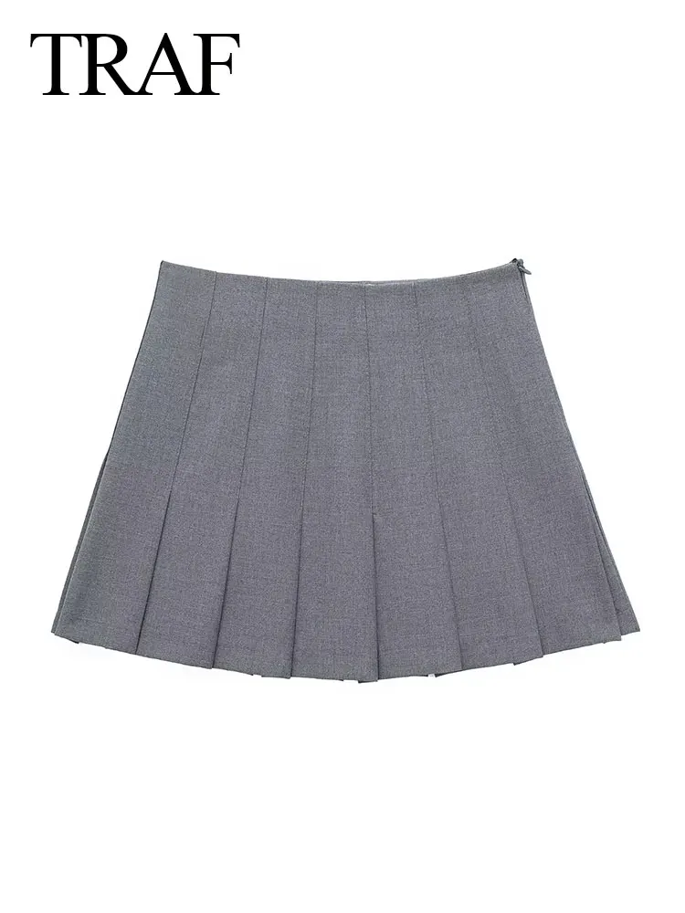 

TRAF 2024 Spring Pleated Skirts For Women Fashion Sheath Zipper Fly Short Skirt Female Sexy Party Hotsweet Women's Mini Skirt