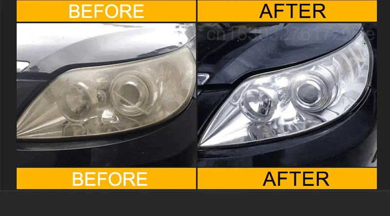 Car headlight restoration polishing kit with cleaning paste for clear, bright, and refurbished headlights. before and after