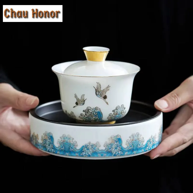 200ml Crane Mutton Fat Jade White Porcelain Gaiwan Japanese Tea Tureen Tea Bowl With Lid Kit Tea Maker Cover Bowl Cafes Ornament