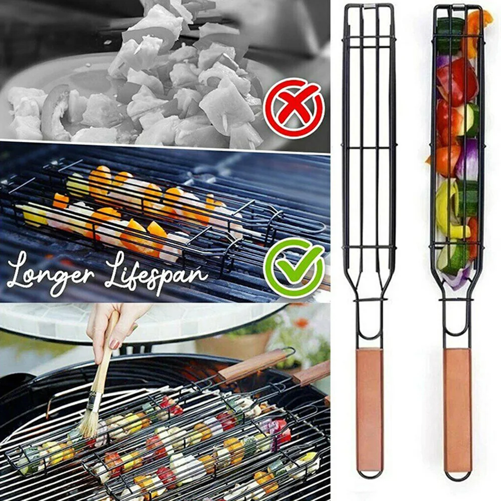 Barbecue Basket Bar Shape Iron And Wood Skewer 45cm Basket Outdoor Barbecue Utensils Portable Kabob BBQ Grilling Basket BBQ Tools barbecue skewers bbq grilling accessories bbq grilling basket