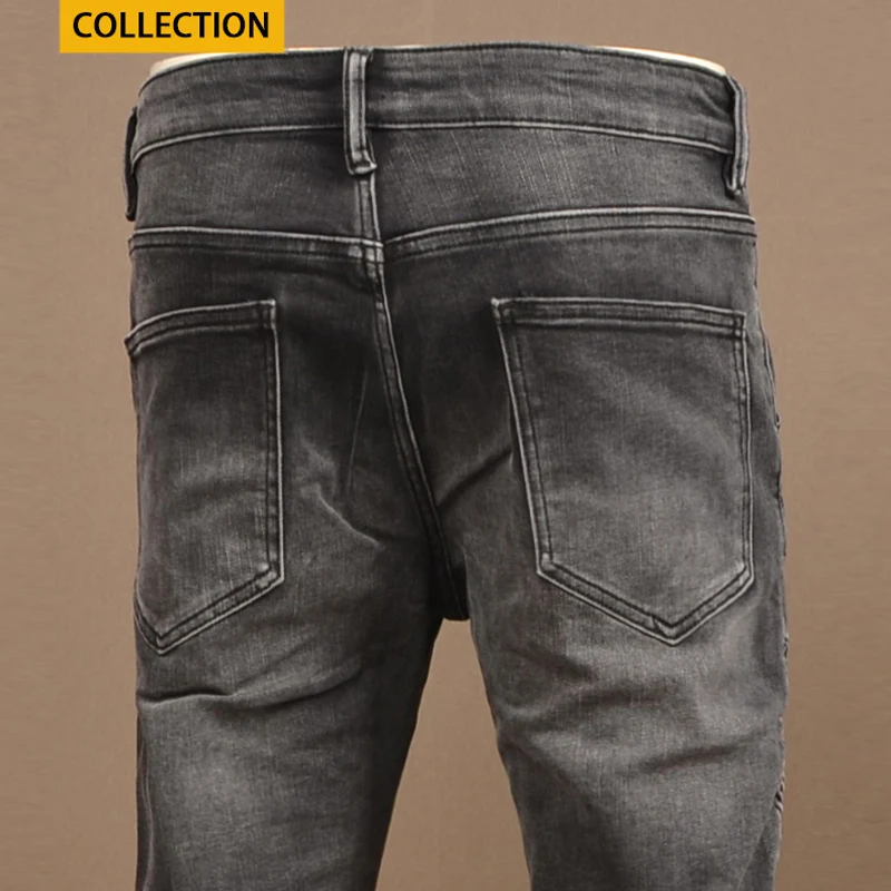 Street Fashion Men Jeans Retro Black Gray Stretch Skinny Fit Spliced Biker Jeans Homme Patched Designer Hip Hop Denim Pants Men