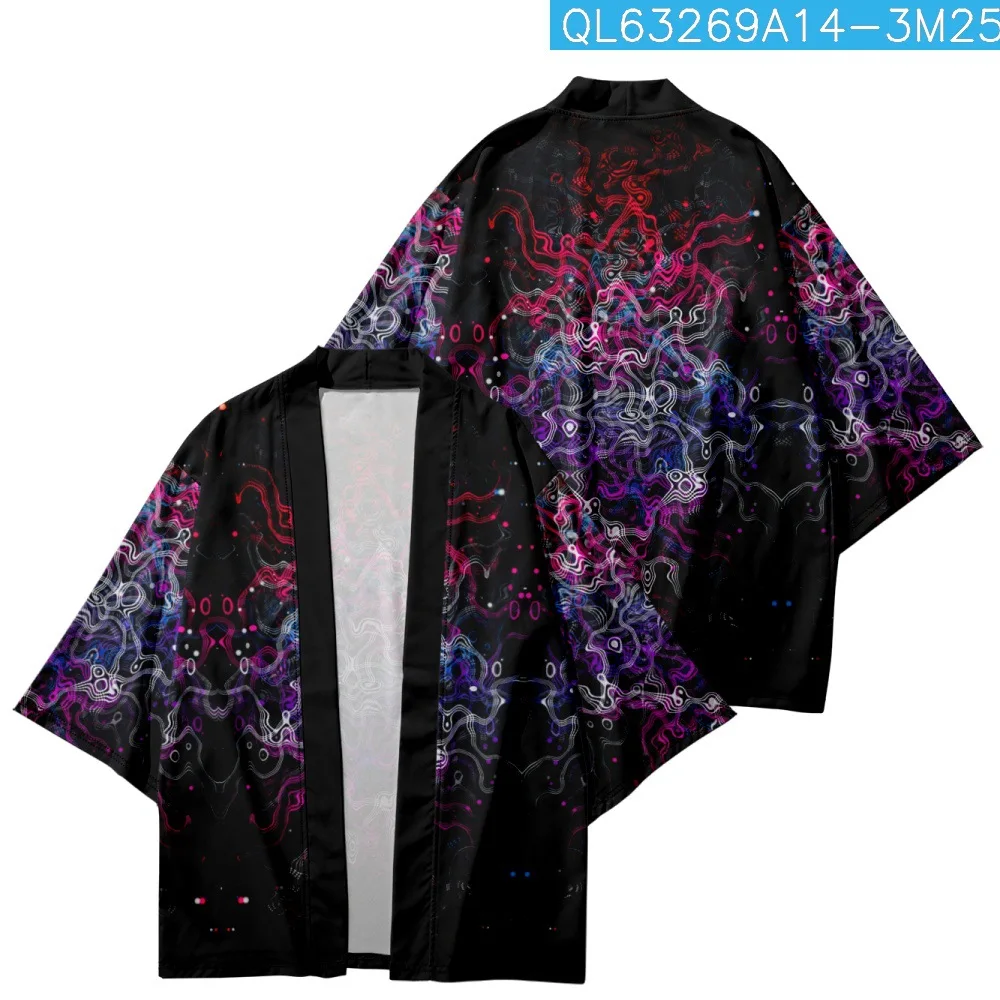 Black Kimono Cosplay Samurai Purple Flames Print Haori Women Men Cardigan Yukata Costume Japanese Streetwear Traditional Clothes