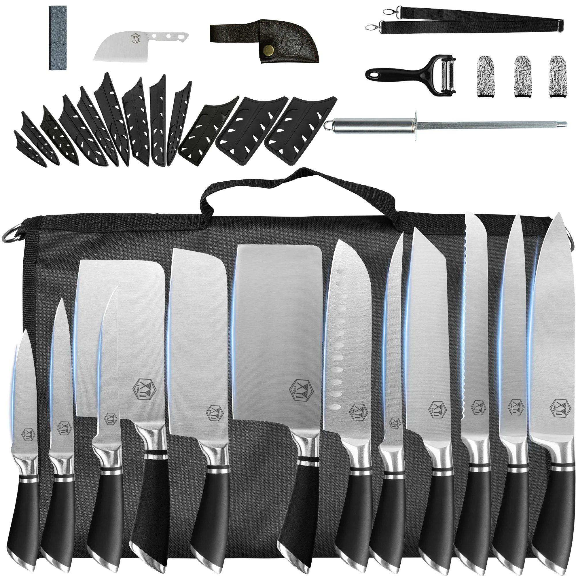 

XYj 12 Piece Kitchen Knives Set With Chef Roll Bag Honing Steel Cover Peeler Finger Protect Mini Knife Whetstone Chef Knives Set