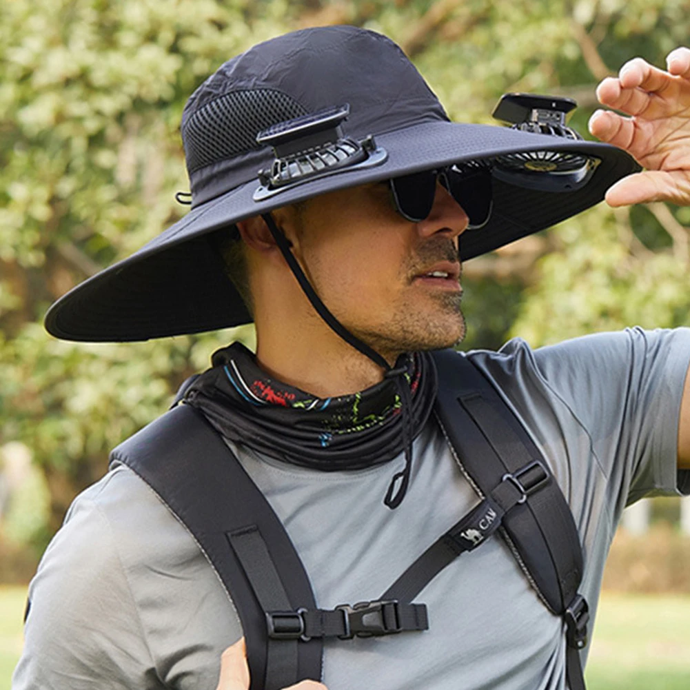 Solar Fan Outdoor Fishing Hat with 2 Solar Fan Wide Brim Bucket Hat for Men Outdoor Camping Fishing Hiking