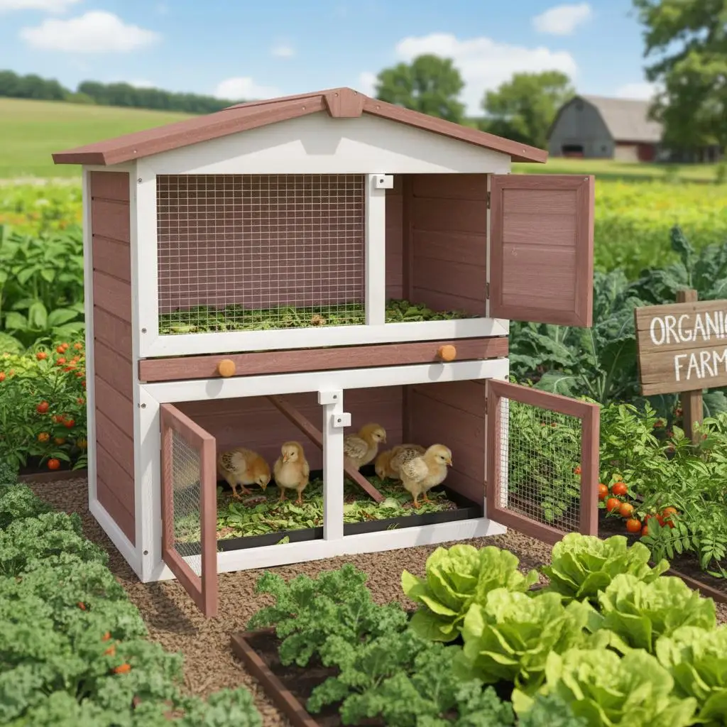 Brauner Holz-Kaninchenstall für draußen mit 3 Türen, 2 Ebenen, Rampe, wasserdichtem Dach und ausziehbarem Tablett für Kaninchen – Detail 1