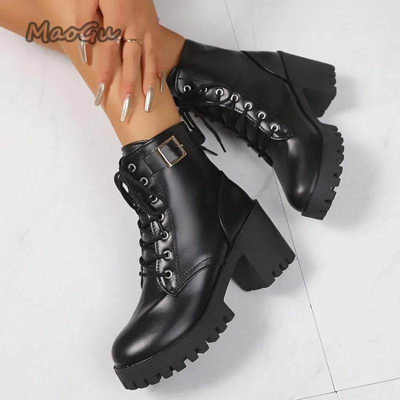 Women’s black lace‑up chunky heel British style ankle booties round head