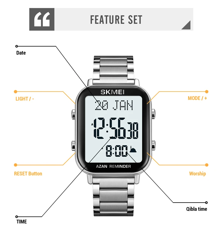 SKMEI For Prayer with Qibla Compass Adhan Alarm Hijri Islamic Wristwatches Clock Back Light Display Muslim Azan Digital Watches 5