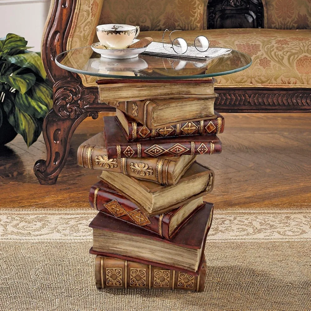 

Library Furniture，Vintage decoration stacked book coffee table, glass tabletop hand cast resin, full-color Library Furniture