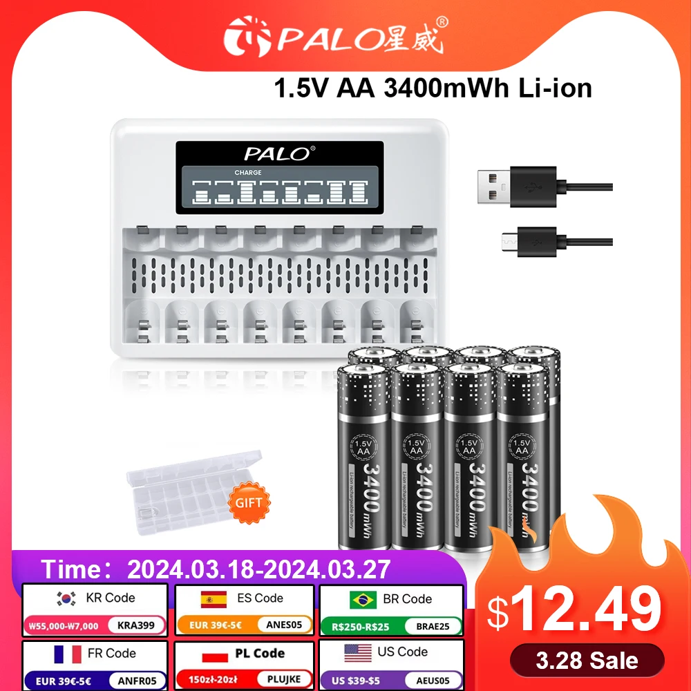 고용량 리튬 이온 충전식 배터리, LCD 스마트 충전기, 8 슬롯, R6 배터리, 3400mWh, 1.5V AA
