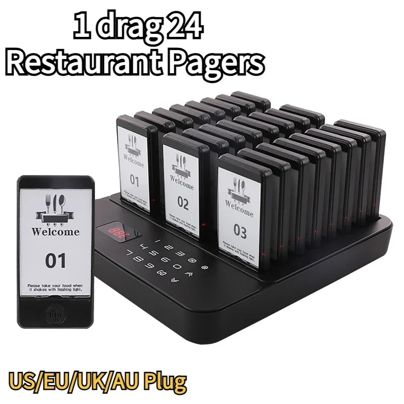 Restaurant Pager Wireless Calling System 24 Coasters Buzzer Beeper Bell Receivers For Bar Cafe Food Truck Hotel Church wireless calling system