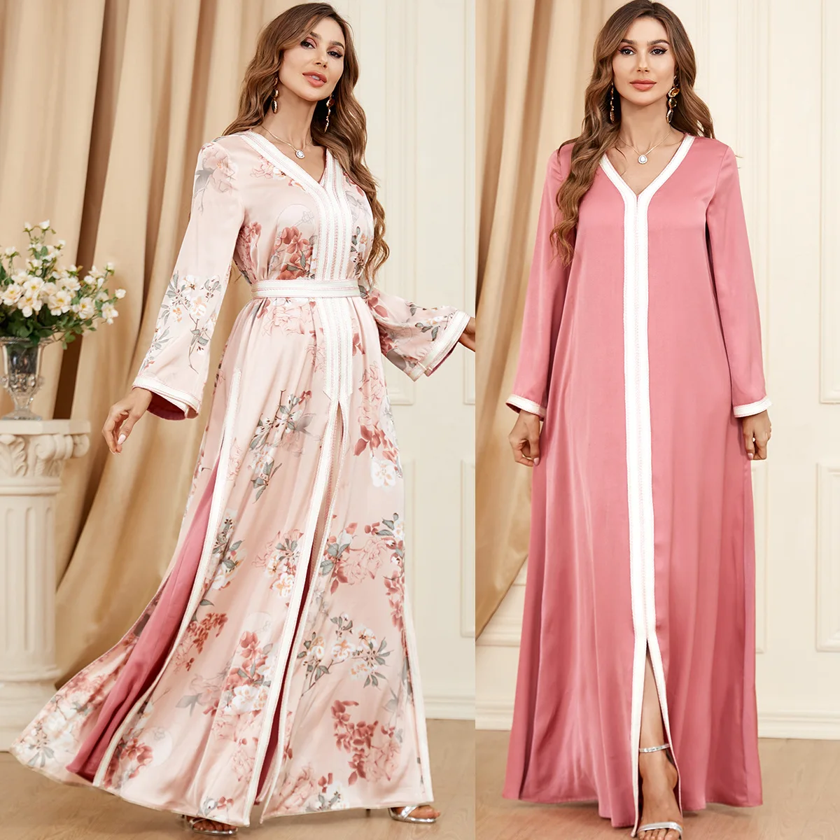 elegant-women's-dresses-for-party-2023-elegant-floral-printed-v-neck-tape-trim-belted-kaftan-muslim-abaya-dress-dubai-ramadan