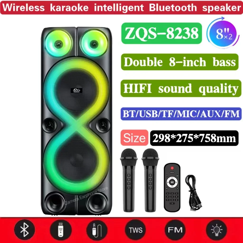 

Dual 8-Inch Horn 40W Square Dance Outdoor Bluetooth Speaker Portable Wireless Column Subwoofer K Song Large Soundbox FM Radio TF