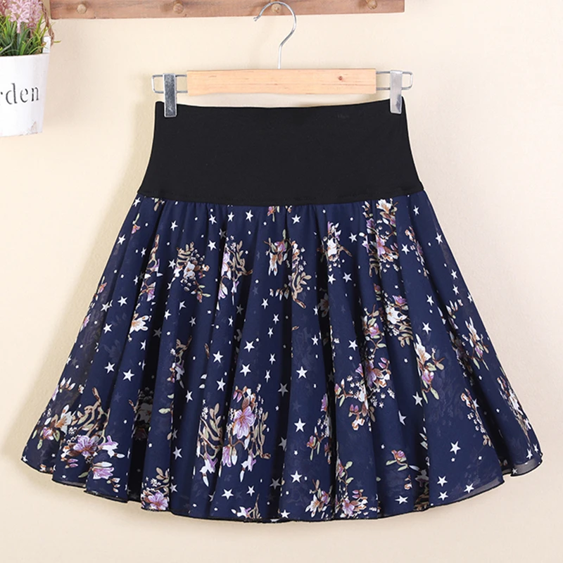 pleated midi skirt 2021 Chiffon Short Skirt Wave Dot Skirt Puffy  Pants Summer Large Anti Light High Waist Half  A-line Yarn  Female Big flower brown skirt