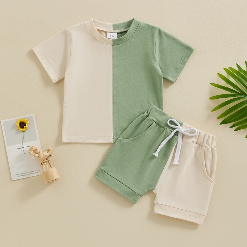 Baby Kid Boys Summer Outfits Contrast Colors Letter Embroidery Lapel Short Sleeves T-Shirt and Elastic Striped Shorts Set