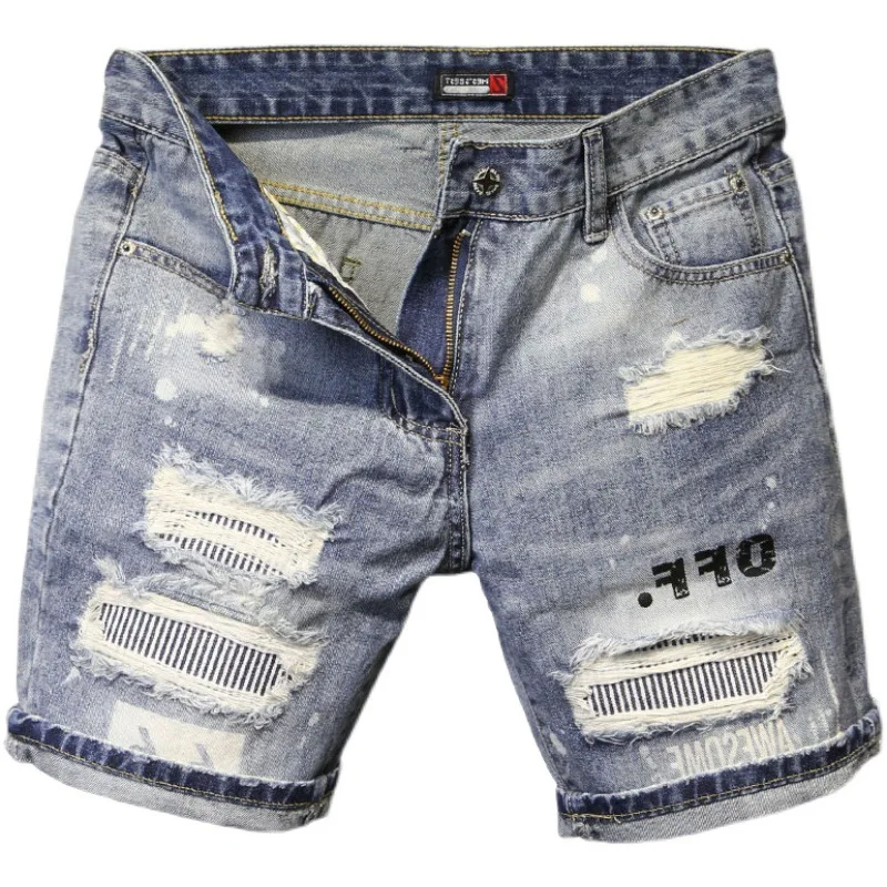 Summer Ripped Hole Shorts Men's Korean Straight Micro Elastic Patch Beggar Short Pants High-end Designer Handsome Jeans