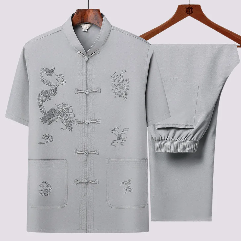 Summer Ice Silk Short Sleeve Shirt Men's Casual Chinese Style Tang Suit Set for Middle-Aged And Elderly Grandpa Fashion