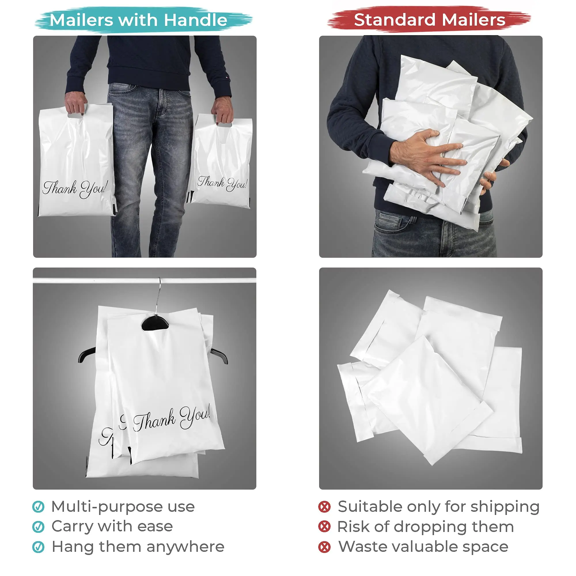 Poly Mailers com Alça Embalagem Bolsas de Envio Obrigado Mailing Envelope Auto Selo Grosso 10x13 Pacote de 10 - Imagem 4