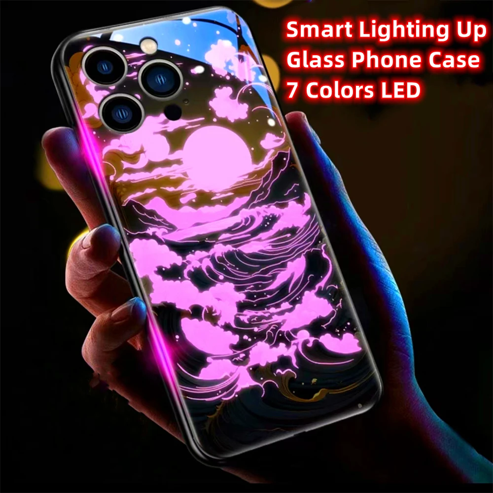 Pretty Sunset Ocean Smart LED Light Glowing Tempered Glass Phone Case For iPhone 15 14 13 12 11 Pro Max XR XS Plus 6 7 8 SE2020