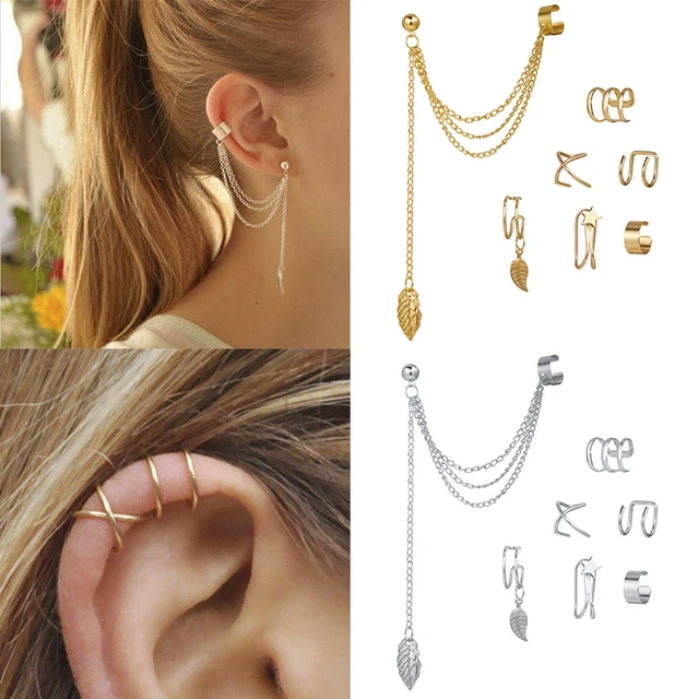 Gold Color Leaves Ear Cuff Black Non-piercing Ear Clip Earrings For Women  Men Fake Cartilage Earring Cuff Jewelry R9